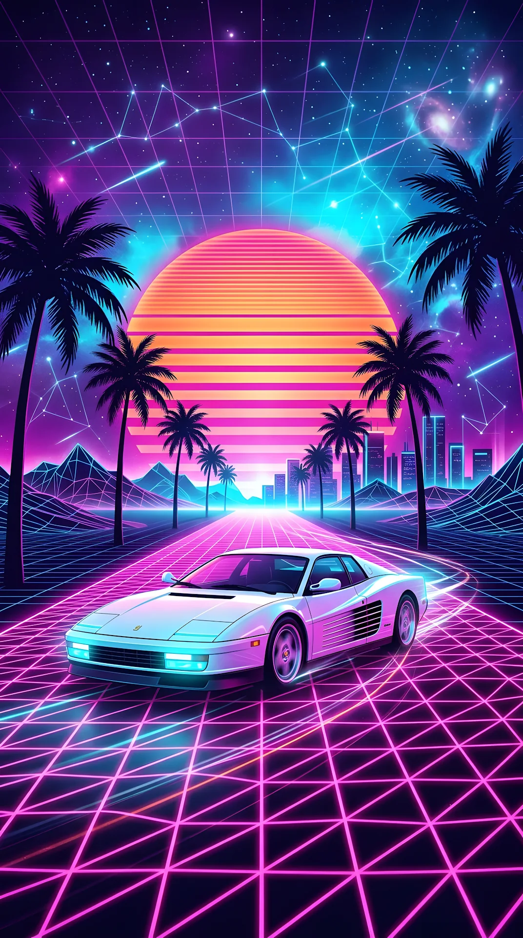 Synthwave Illustration of a Sports Car on a Glowing Grid Under a Neon Sun - Free 4K mobile Wallpaper