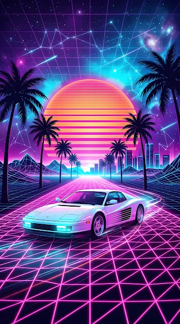 Synthwave Illustration of a Sports Car on a Glowing Grid Under a Neon Sun - Free mobile Wallpaper