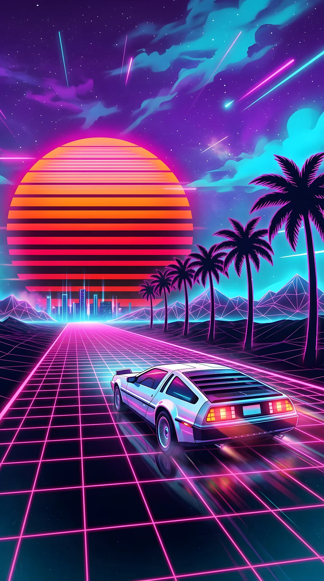 Synthwave Illustration of a Sports Car on a Glowing Grid Under a Neon Sun - Free 4K mobile Wallpaper