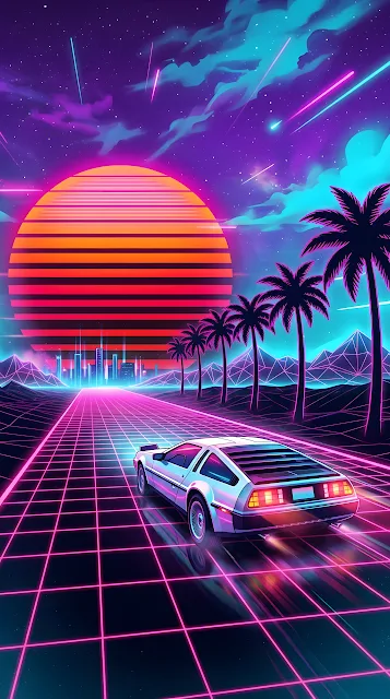Synthwave Illustration of a Sports Car on a Glowing Grid Under a Neon Sun - Free mobile Wallpaper