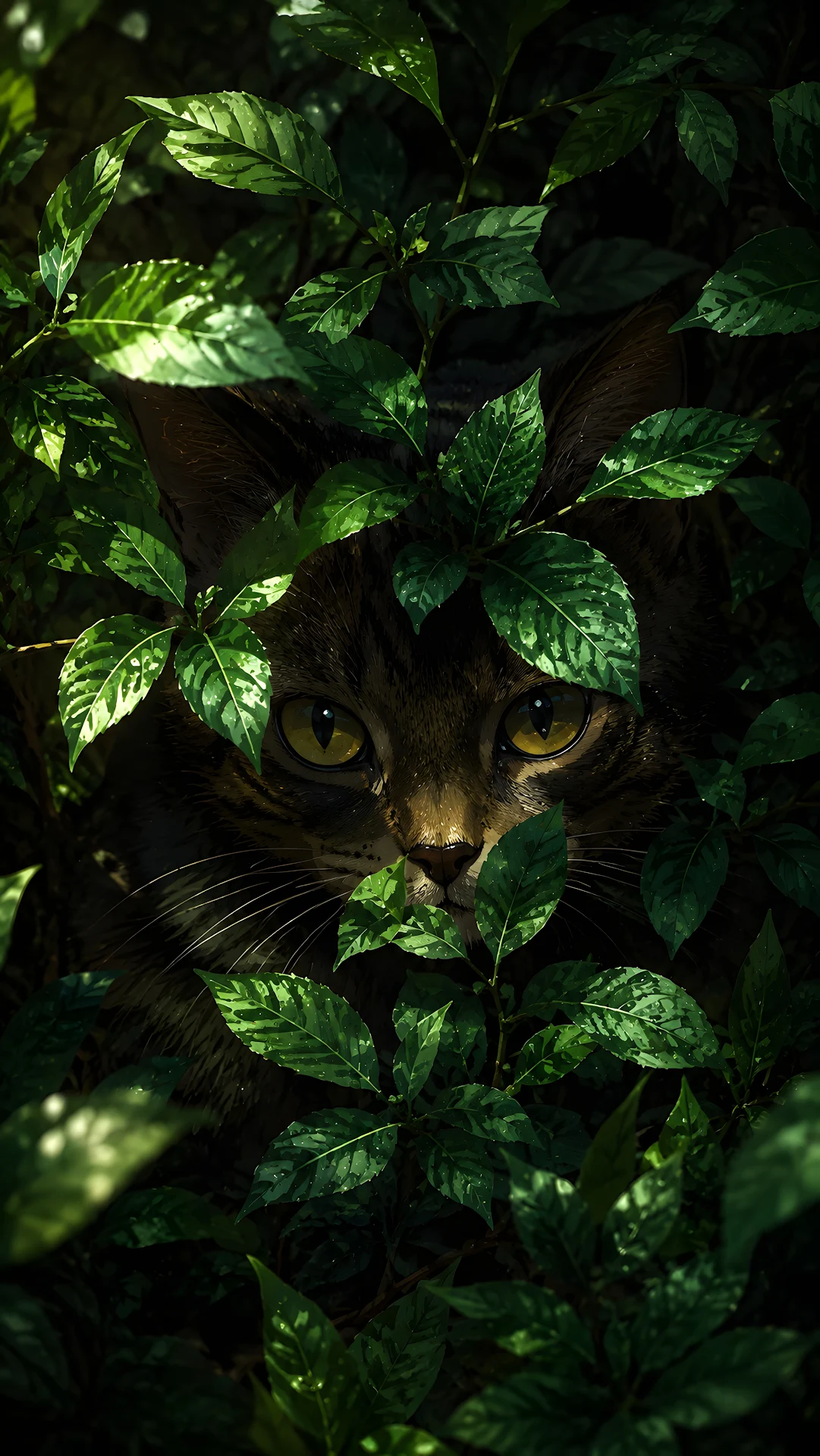 Tabby cat peeking through dark green leaves in garden - Free 4K mobile Wallpaper