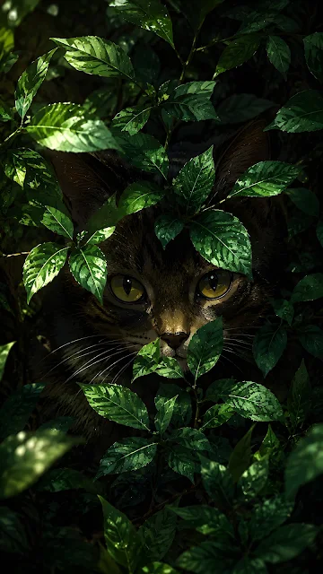 Close-up of a tabby cat's yellow eyes peeking through dense dark green wet garden leaves.
