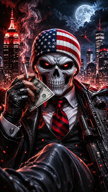 A skull wearing an American flag beanie and suit holds a hundred dollar bill and cigarette in front of a nighttime city skyline.