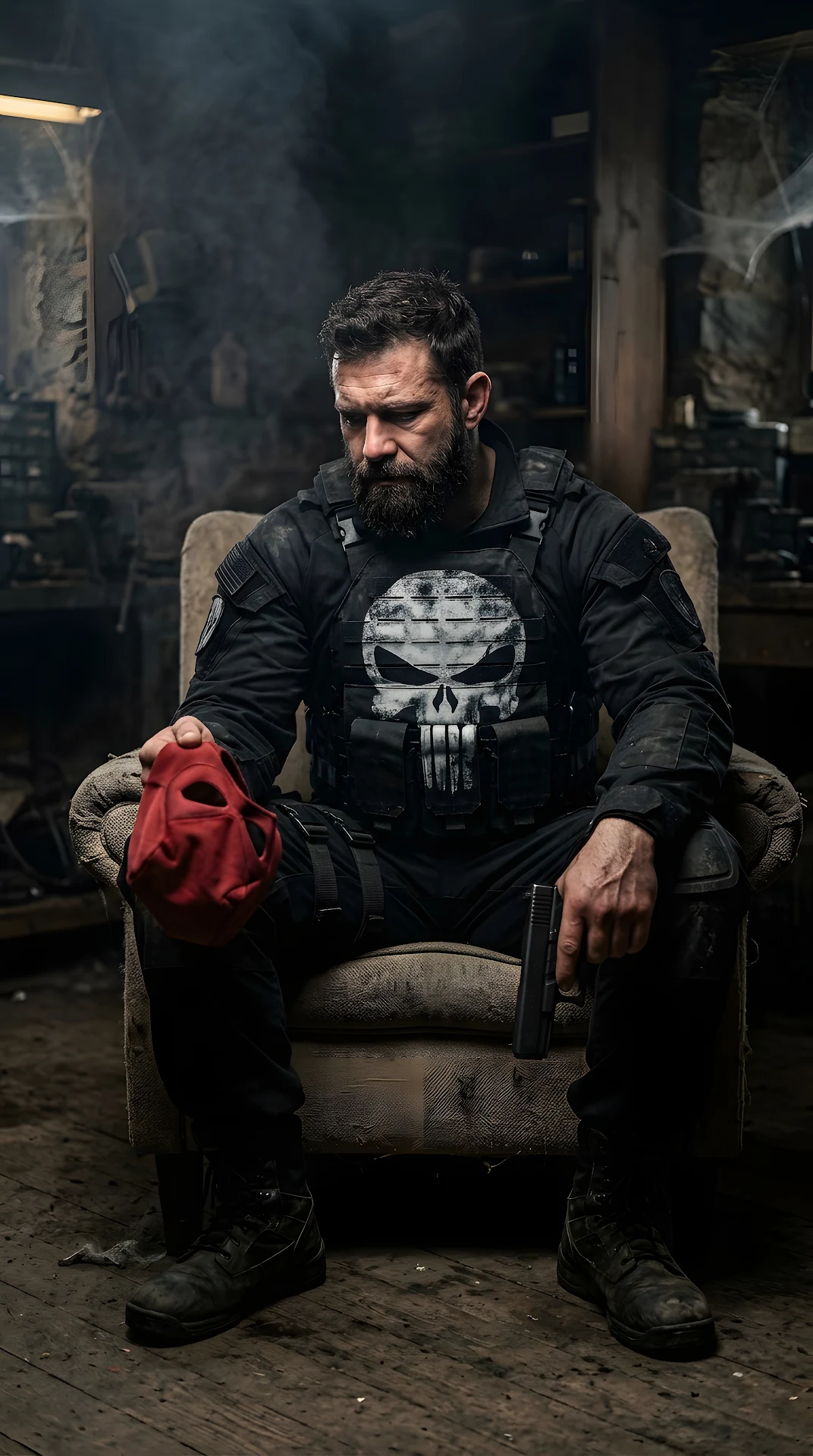 Tactical vigilante resting in armchair holding a red mask - Free 4K mobile Wallpaper