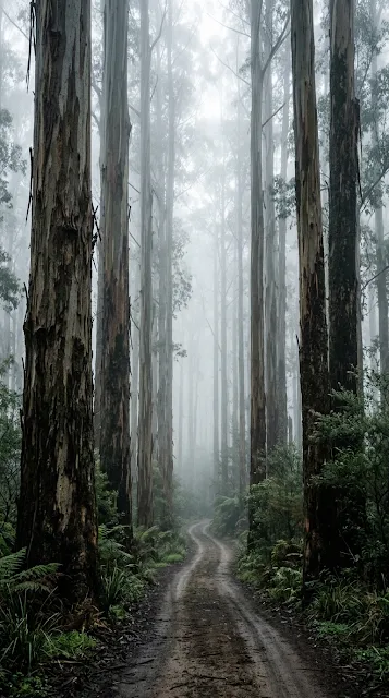 Tall Eucalyptus Trees Over a Foggy Forest Dirt Road - Free 4K & 8K mobile Wallpaper