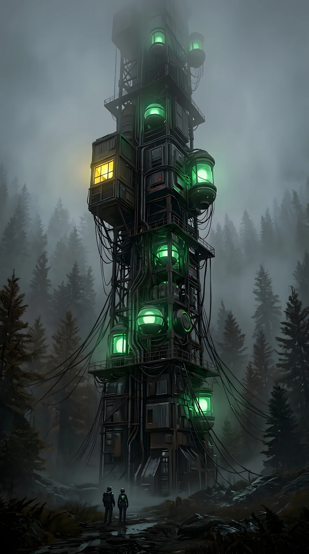 Tall Vertical Housing Pods in a Misty Evergreen Forest - Free 4K mobile Wallpaper