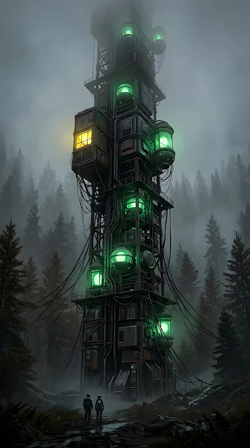 Tall Vertical Housing Pods in a Misty Evergreen Forest - Free mobile Wallpaper