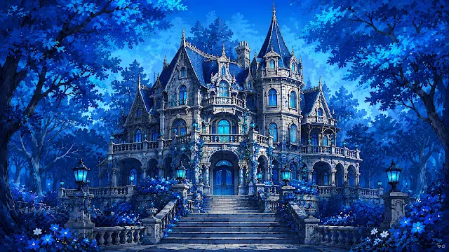 A multi-story Victorian gothic mansion surrounded by bright blue trees and long stone stairs.
