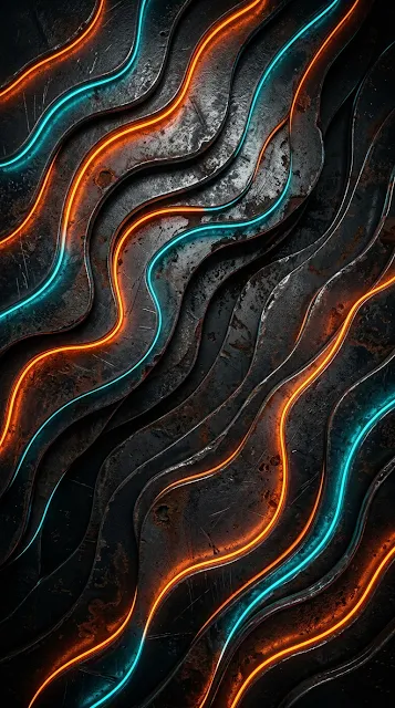 Textured Abstract Metal Layers with Orange and Teal Neon Lines - Free 4K & 8K mobile Wallpaper