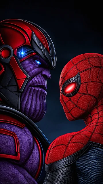 Close-up profile face-off between armored Thanos and Spider-Man with glowing red eyes against a dark background.
