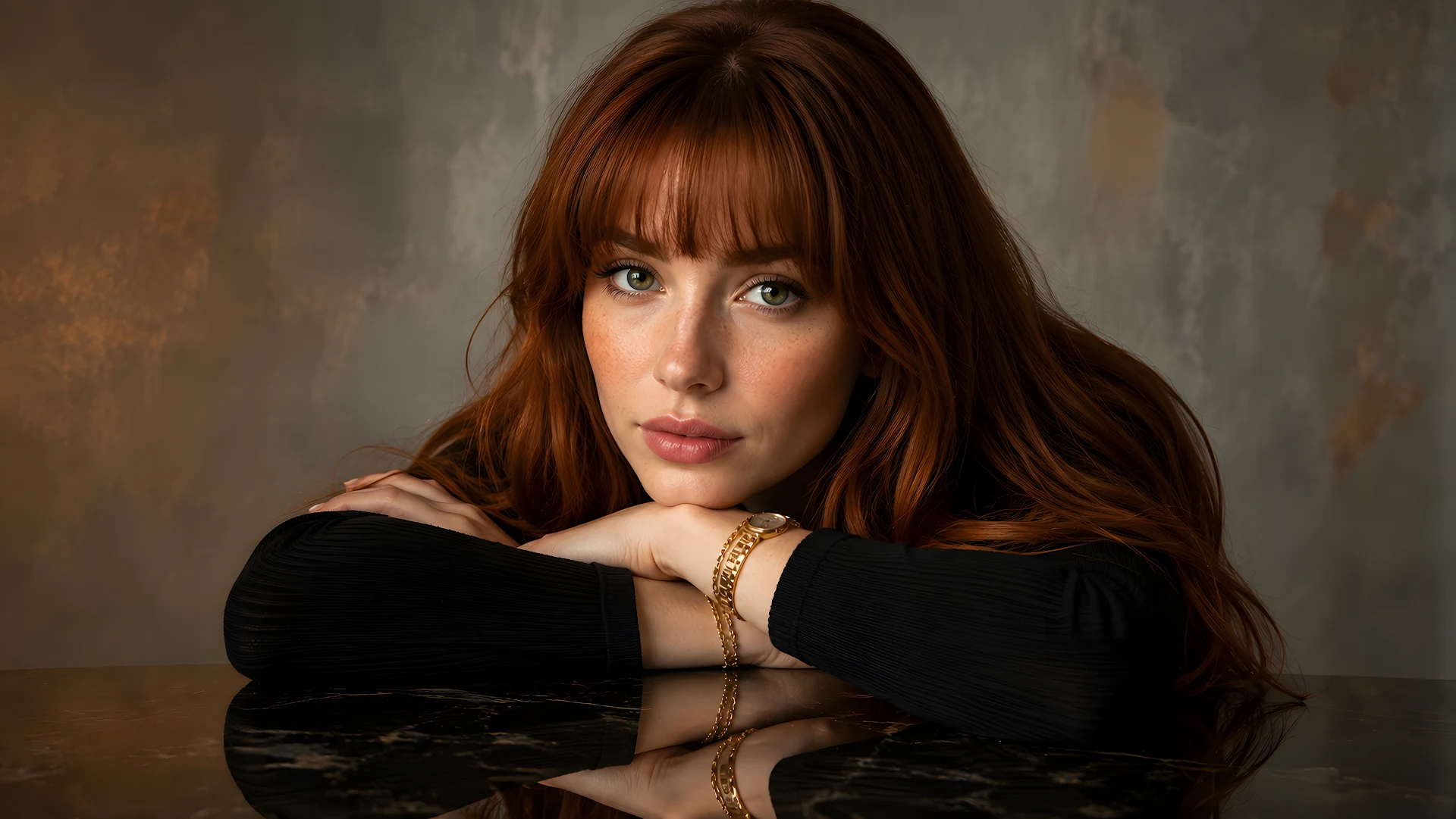 Thoughtful young redhead woman leaning on reflective table - Free 4K desktop Wallpaper
