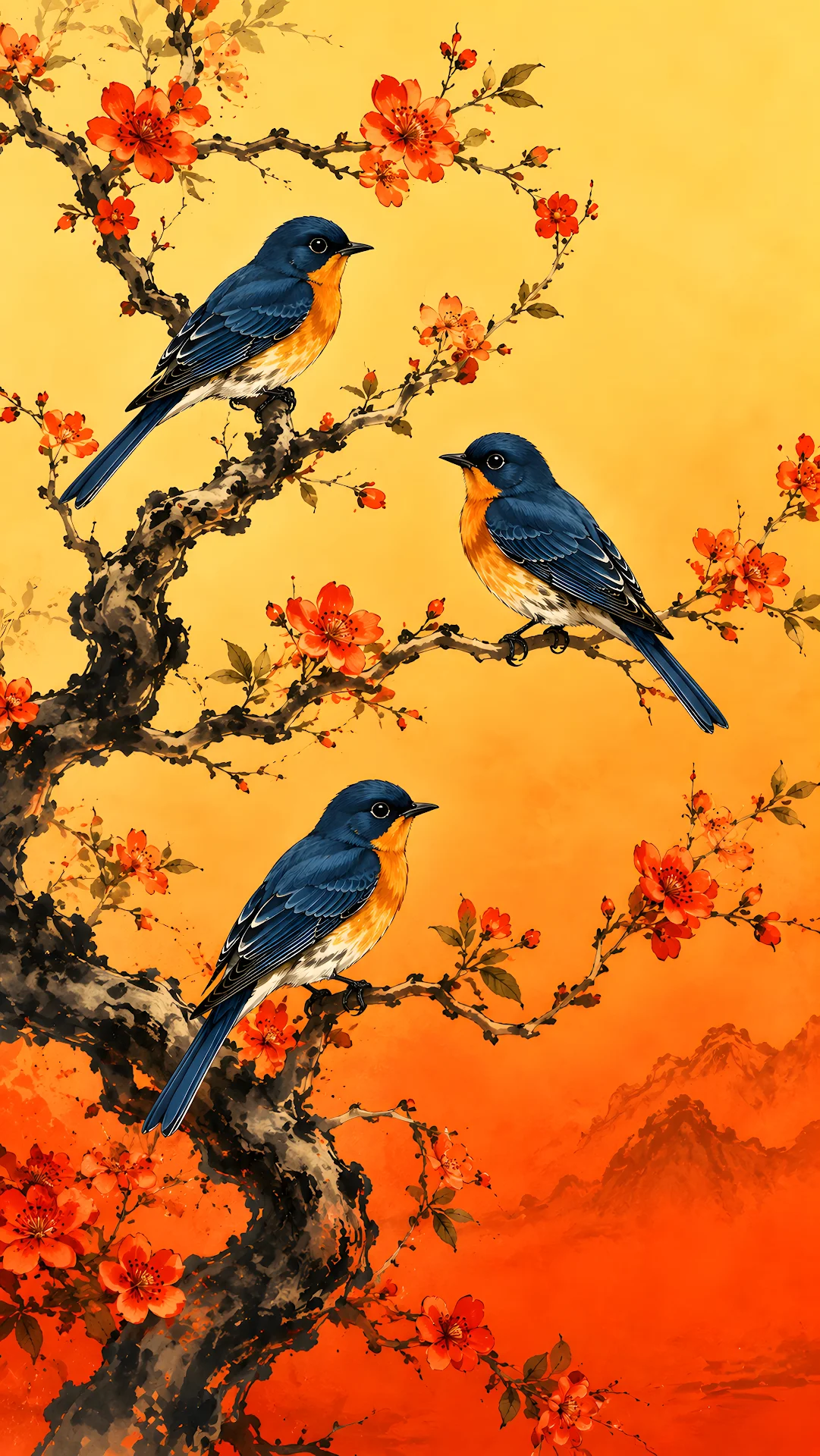 Three blue songbirds perched on flowering branches at sunset - Free 4K mobile Wallpaper
