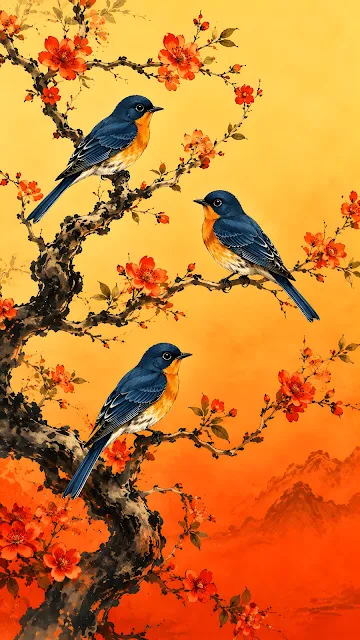 A beautiful oriental-style painting of three blue and orange songbirds perched on cherry blossom branches against a warm orange gradient background.