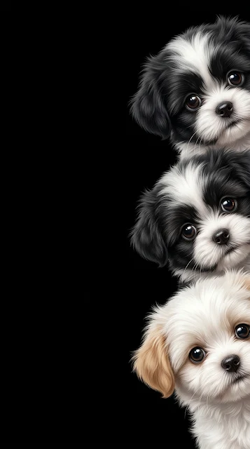Three Cute Fluffy Puppies Peeking from the Right on Black Background - Free 4K & 8K mobile Wallpaper