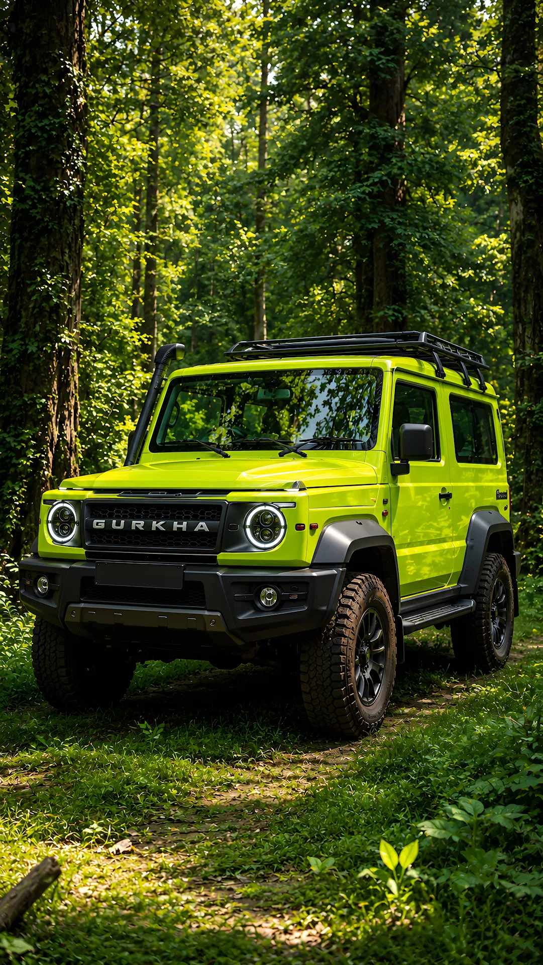 Three-quarter view of lime yellow off-road vehicle parked on forest trail - Free 4K mobile Wallpaper