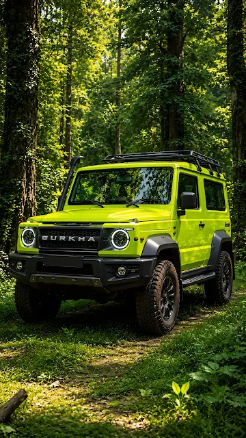 Three-quarter front view photograph of a bright lime-yellow off-road 4x4 vehicle parked along a forest trail surrounded by lush greenery.