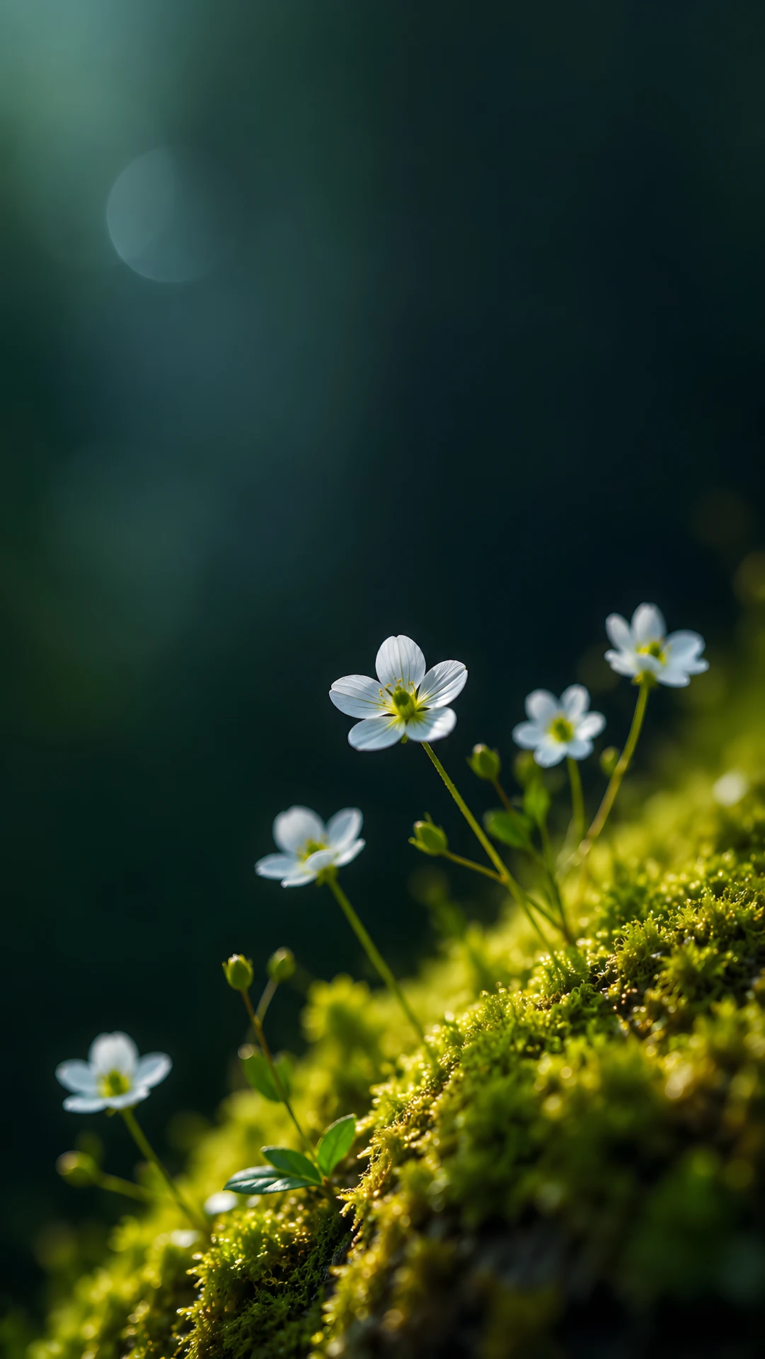 Tiny delicate white wildflowers growing on a sunlit mossy bank - Free 4K mobile Wallpaper