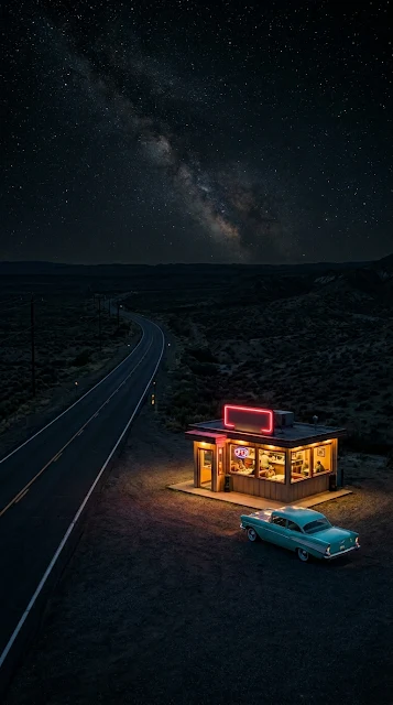 Tiny Glowing Diner on Dark Desert Highway at 2am - Free 4K & 8K mobile Wallpaper