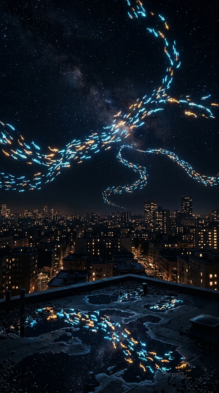 Download Tiny Glowing Koi Swimming Over Sleeping Midnight City Wallpaper in 4K UHD Tiny Glowing Koi Swimming Over Sleeping Midnight City - Free 8K and 4K mobile Wallpaper Background