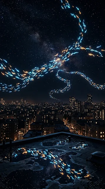 Tiny Glowing Koi Swimming Over Sleeping Midnight City - Free 4K & 8K mobile Wallpaper