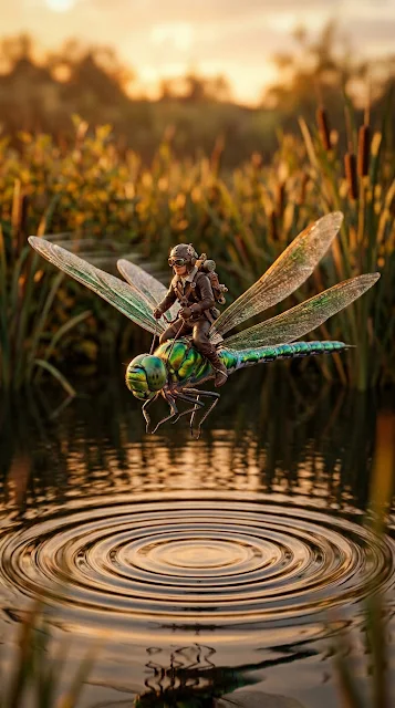 Tiny Steampunk Aviator Riding a Mechanical Green Dragonfly over Water - Free 4K & 8K mobile Wallpaper