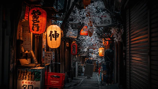Narrow Tokyo alleyway at night illuminated by glowing red and orange paper lanterns with a pedestrian walking past izakaya storefronts.