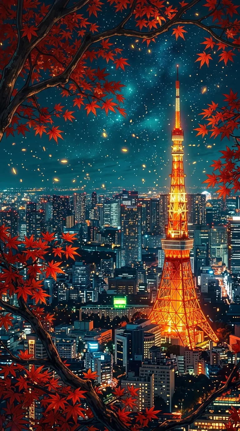 Tokyo Tower View Through Red Autumn Maple Leaves - Free 8K and 4K mobile Wallpaper Background