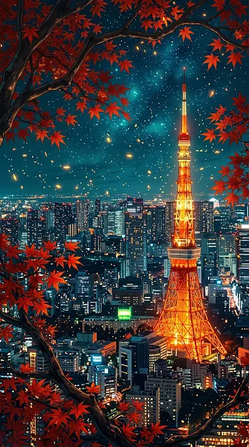 Tokyo Tower View Through Red Autumn Maple Leaves - Free 4K & 8K mobile Wallpaper