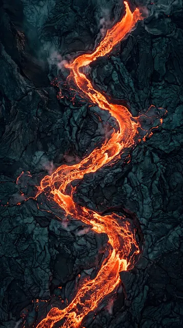 Top-Down Aerial Photography of Volcanic River with Orange and Teal Contrast - Free mobile Wallpaper