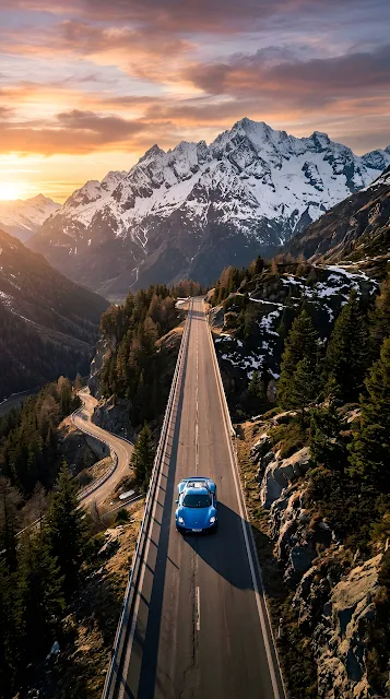 Top-Down Aerial View of a Blue Car on a Long Winding Mountain Road - Free mobile Wallpaper