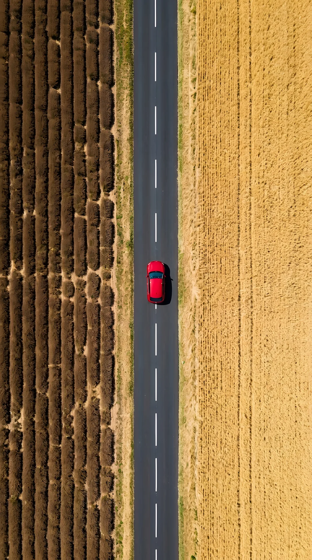 Top-Down Aerial View of a Red Car on a Road Dividing Two Different Crops - Free 4K mobile Wallpaper
