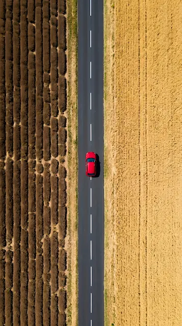 Top-Down Aerial View of a Red Car on a Road Dividing Two Different Crops - Free mobile Wallpaper