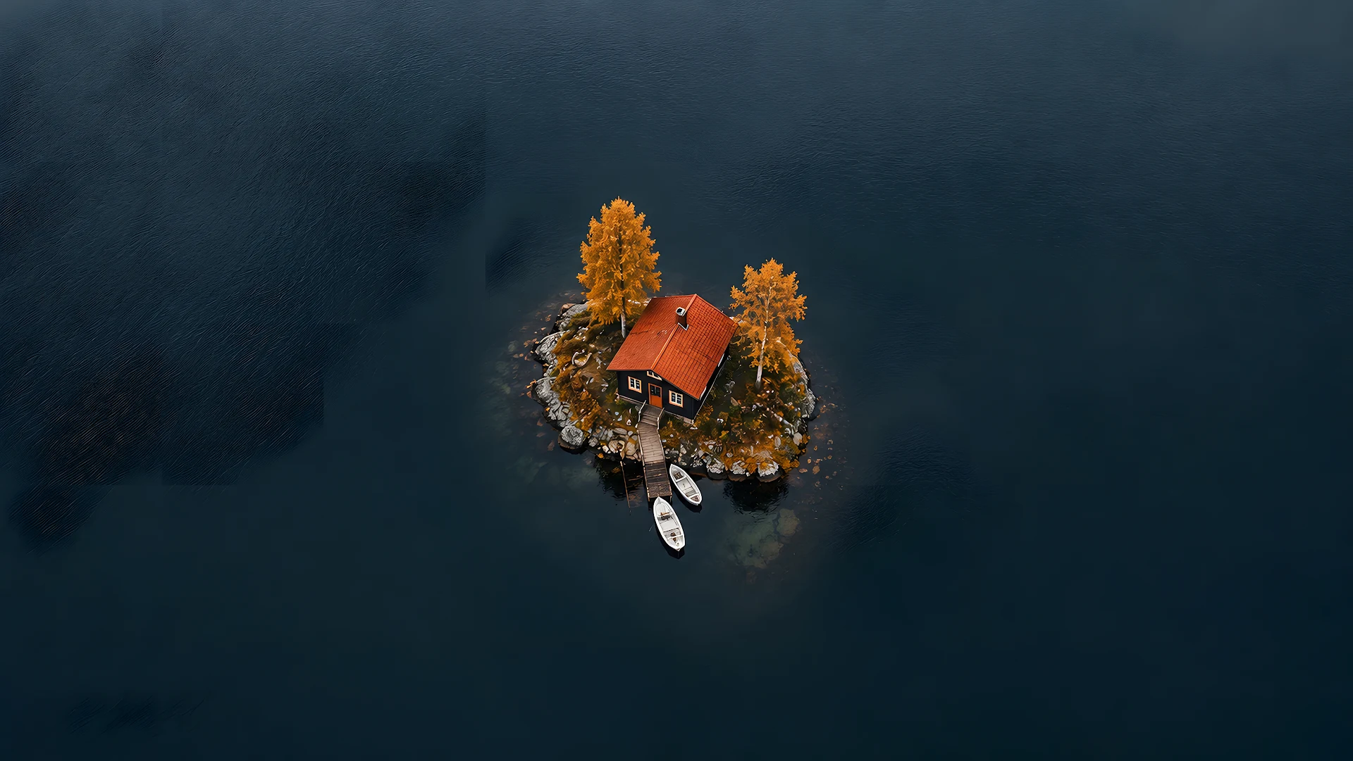 Top down aerial view of a solitary lake house and dock - Free 4K desktop Wallpaper