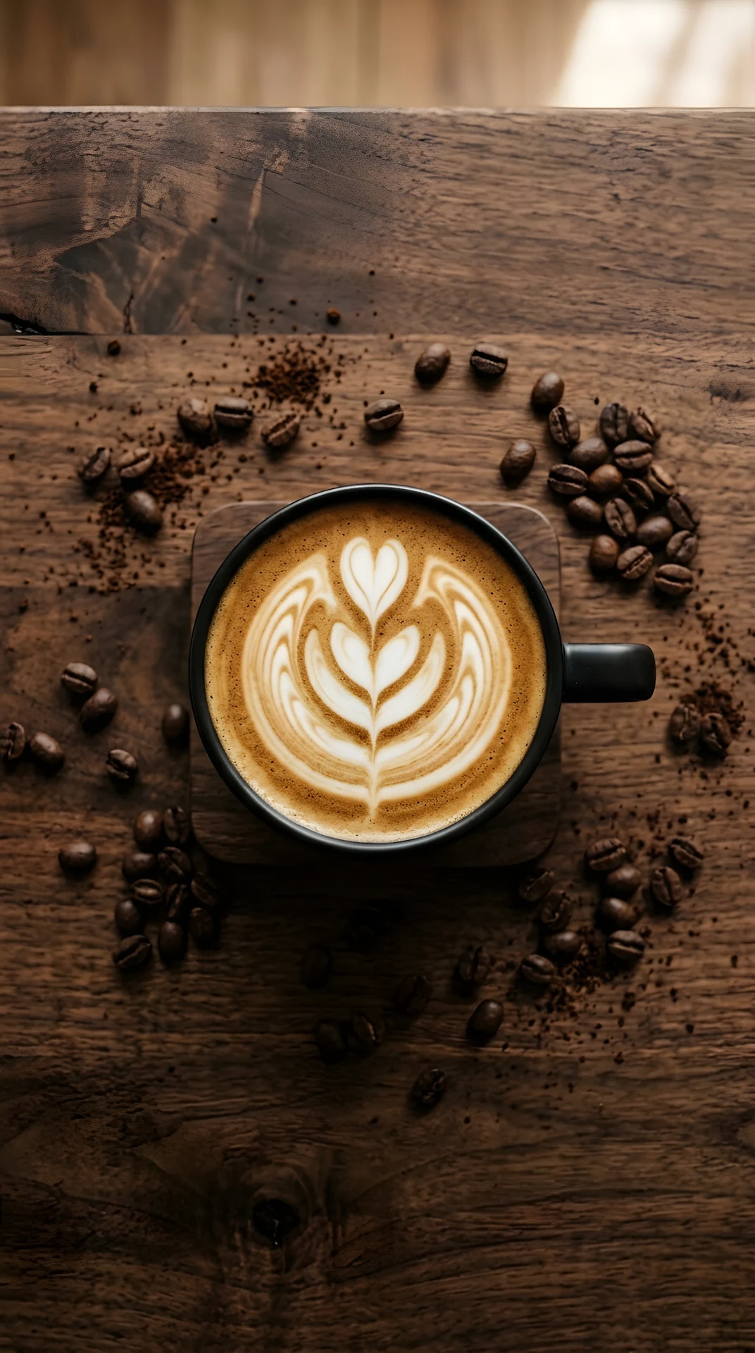 Top-Down View Of A Coffee Cup With Latte Art And Beans - Free 4K mobile Wallpaper