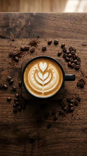 Top-Down View Of A Coffee Cup With Latte Art And Beans - Free mobile Wallpaper