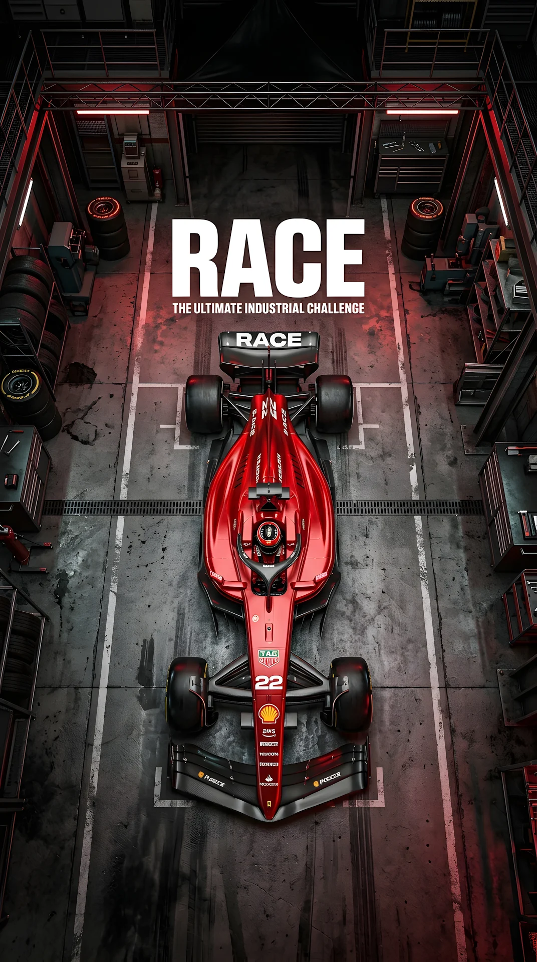 Top-Down View of a Red Racing Car Overlaid on Large 'RACE' Typography - Free 4K mobile Wallpaper