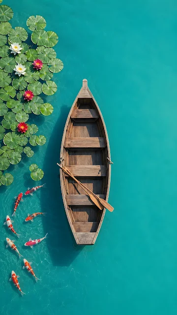 Aerial photograph of a small wooden rowboat floating on bright turquoise water next to red koi fish and lily pads.
