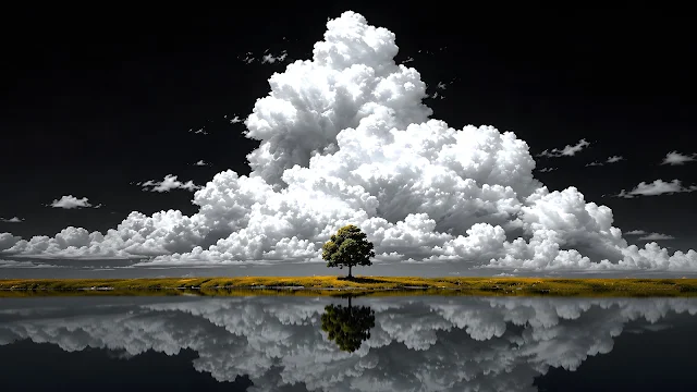 A lone tree stands beside reflective water beneath towering white storm clouds in a dark dramatic sky.