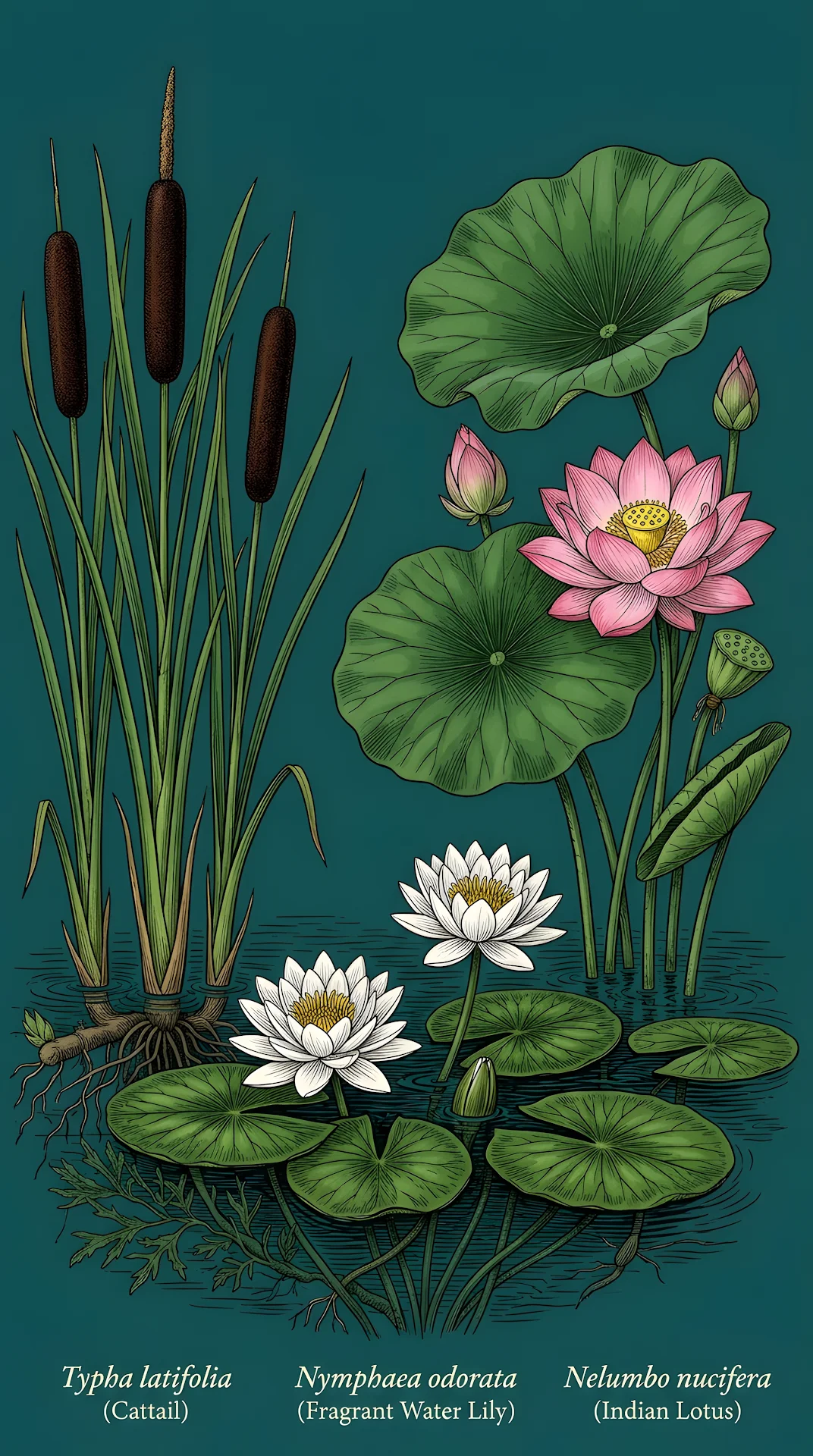 Traditional Botanical Art featuring Lotus and Water Lilies - Free 4K mobile Wallpaper