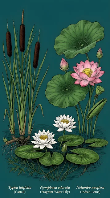 Traditional Botanical Art featuring Lotus and Water Lilies - Free mobile Wallpaper