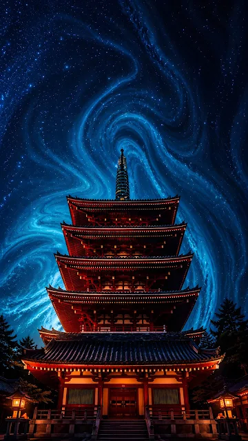 Traditional wooden pagoda temple lit at night beneath a magical swirling blue cosmic starry sky.