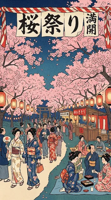 Traditional Japanese Cherry Blossom Festival with Calligraphy - Free 4K & 8K mobile Wallpaper