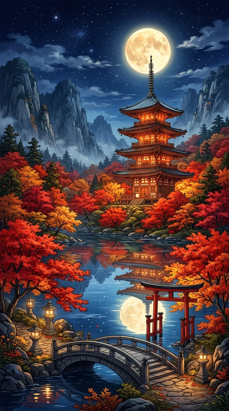 Download Traditional Japanese Pagoda under Full Moon in Autumn Art Wallpaper in 4K UHD Traditional Japanese Pagoda under Full Moon in Autumn Art - Free 8K and 4K mobile Wallpaper Background