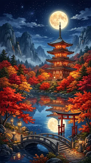 Traditional Japanese Pagoda under Full Moon in Autumn Art - Free 4K & 8K mobile Wallpaper