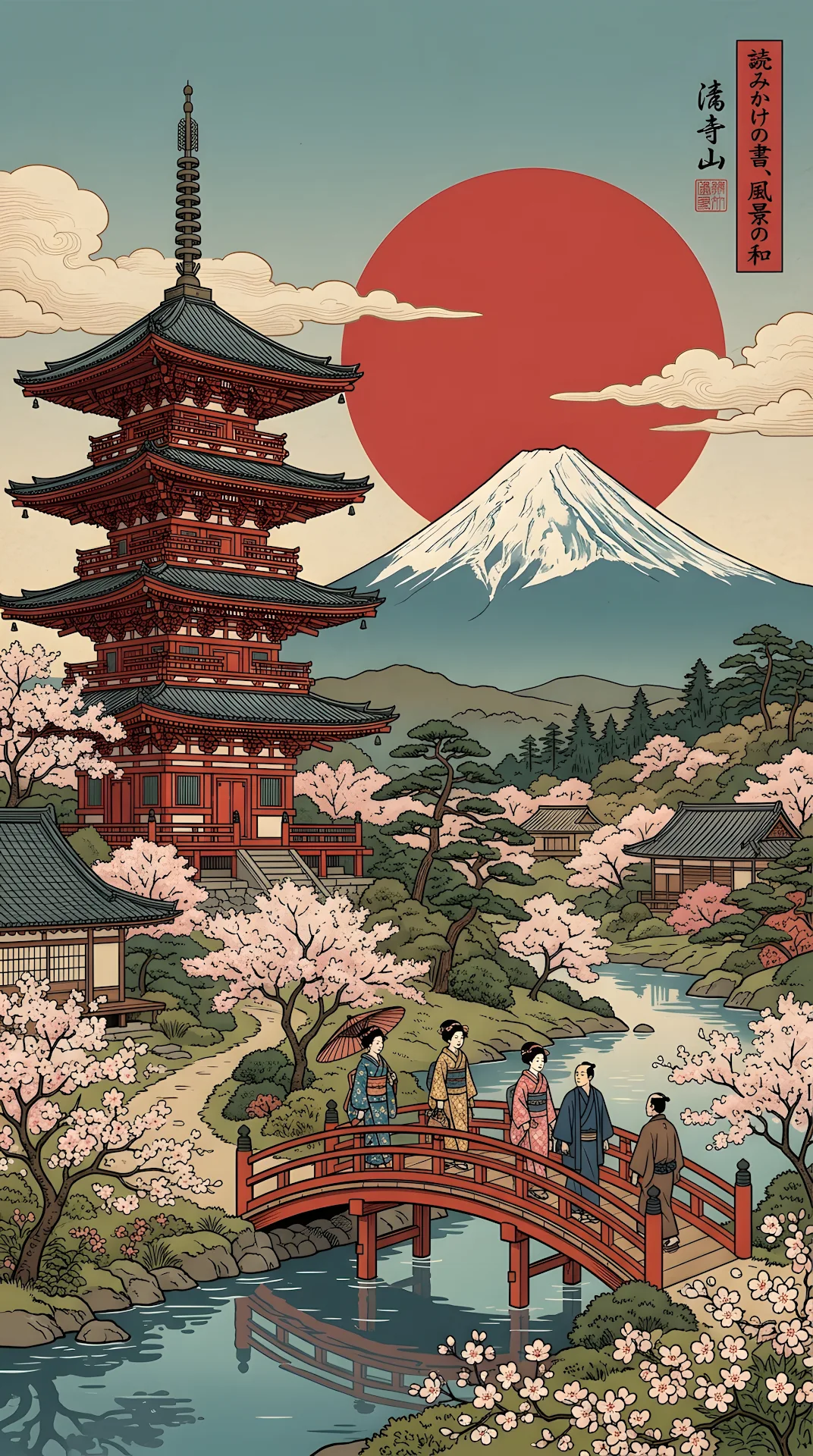 Traditional Japanese Pagoda and Mt Fuji Illustration - Free 4K mobile Wallpaper