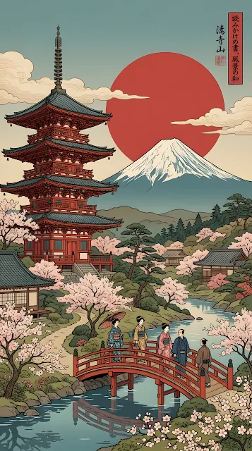 Traditional Japanese Pagoda and Mt Fuji Illustration - Free mobile Wallpaper