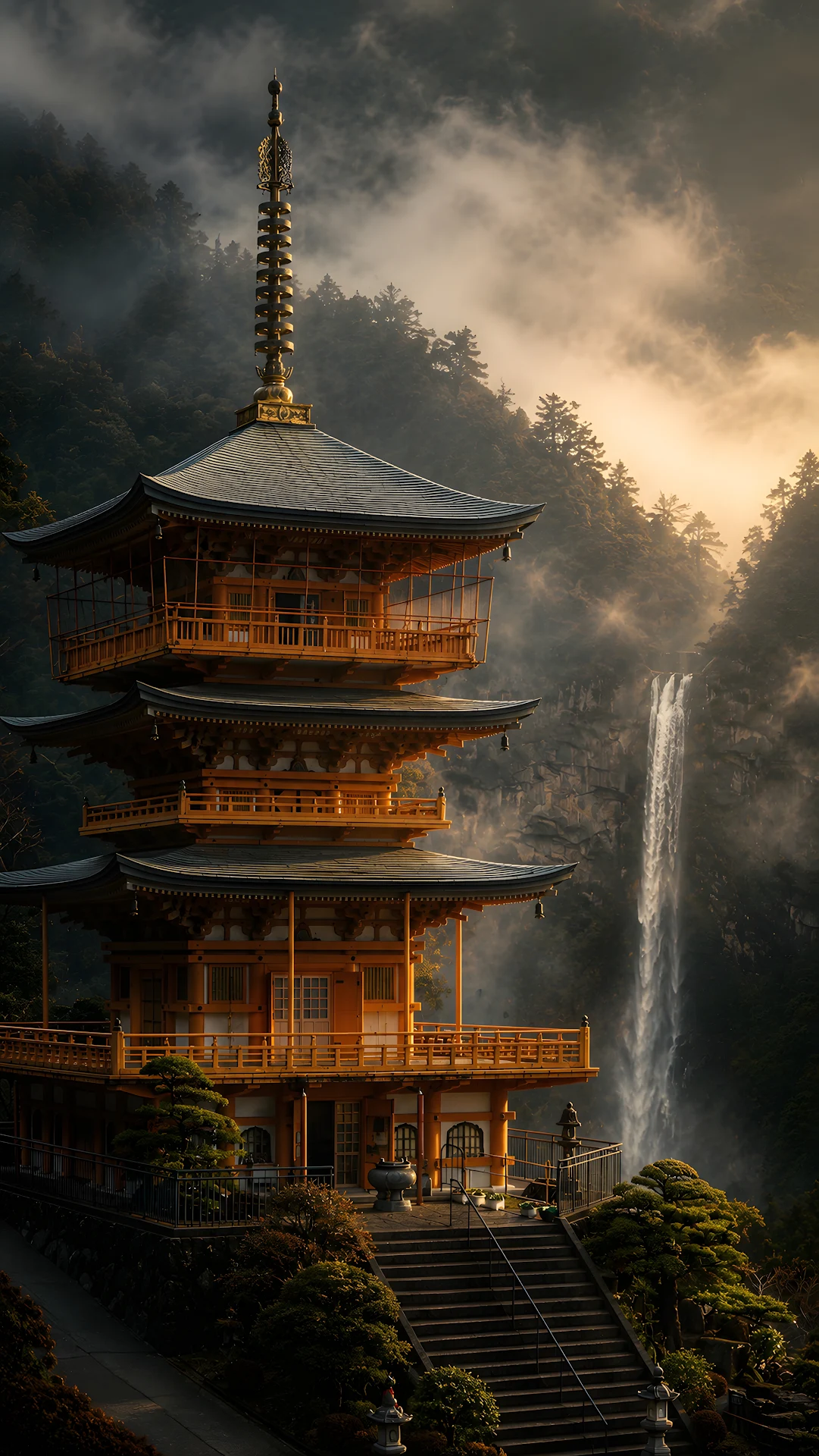 Traditional Japanese pagoda with a cascading waterfall in misty mountains - Free 4K mobile Wallpaper