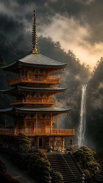 A multi-tiered wooden Japanese pagoda stands prominently beside a tall cascading waterfall surrounded by misty mountains.