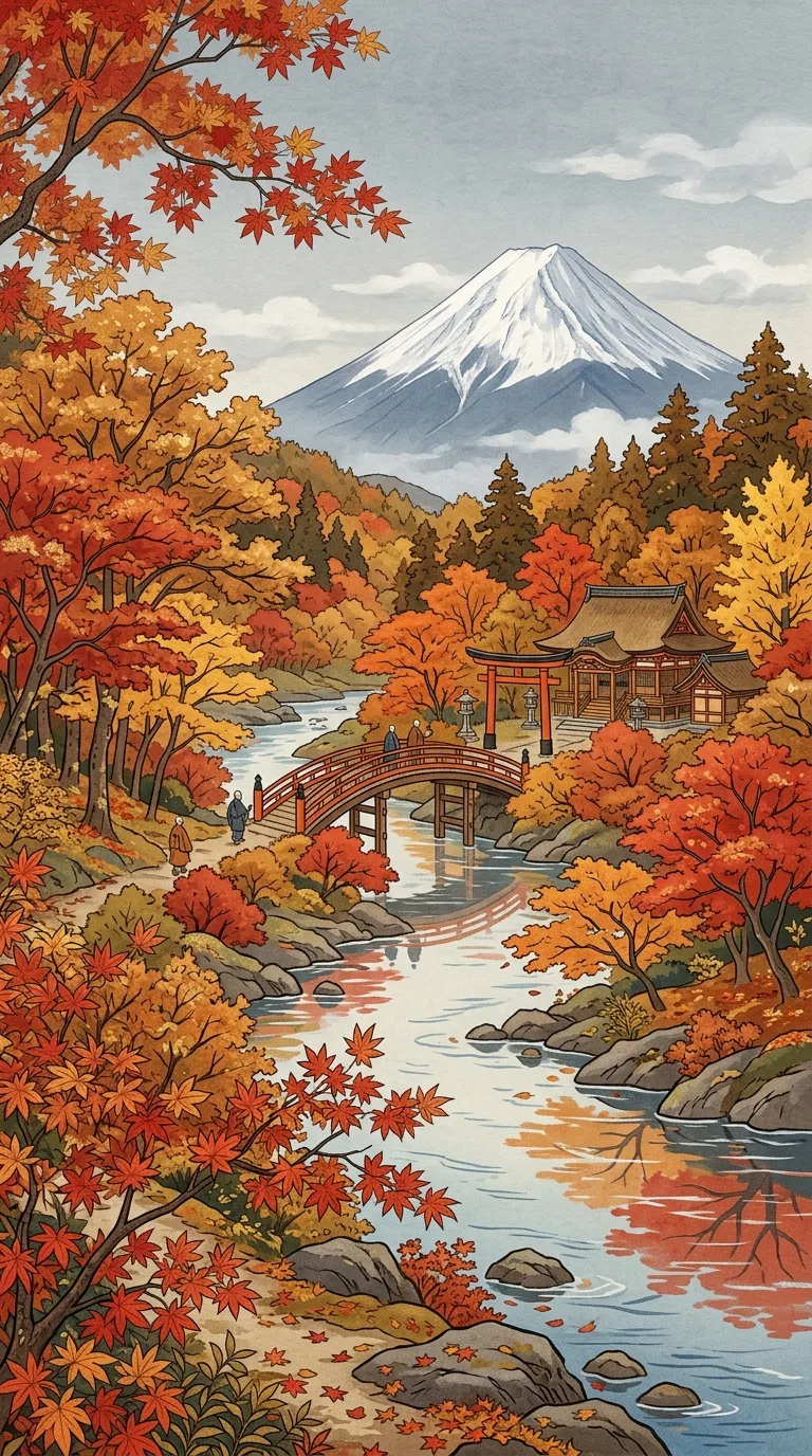 Traditional Japanese Style Autumn Forest with Shrine and River - Free 8K and 4K mobile Wallpaper Background