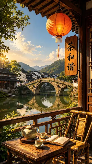 Tea teapot and cups on a bamboo table on a wooden teahouse balcony overlooking a historic stone arch bridge over a river.